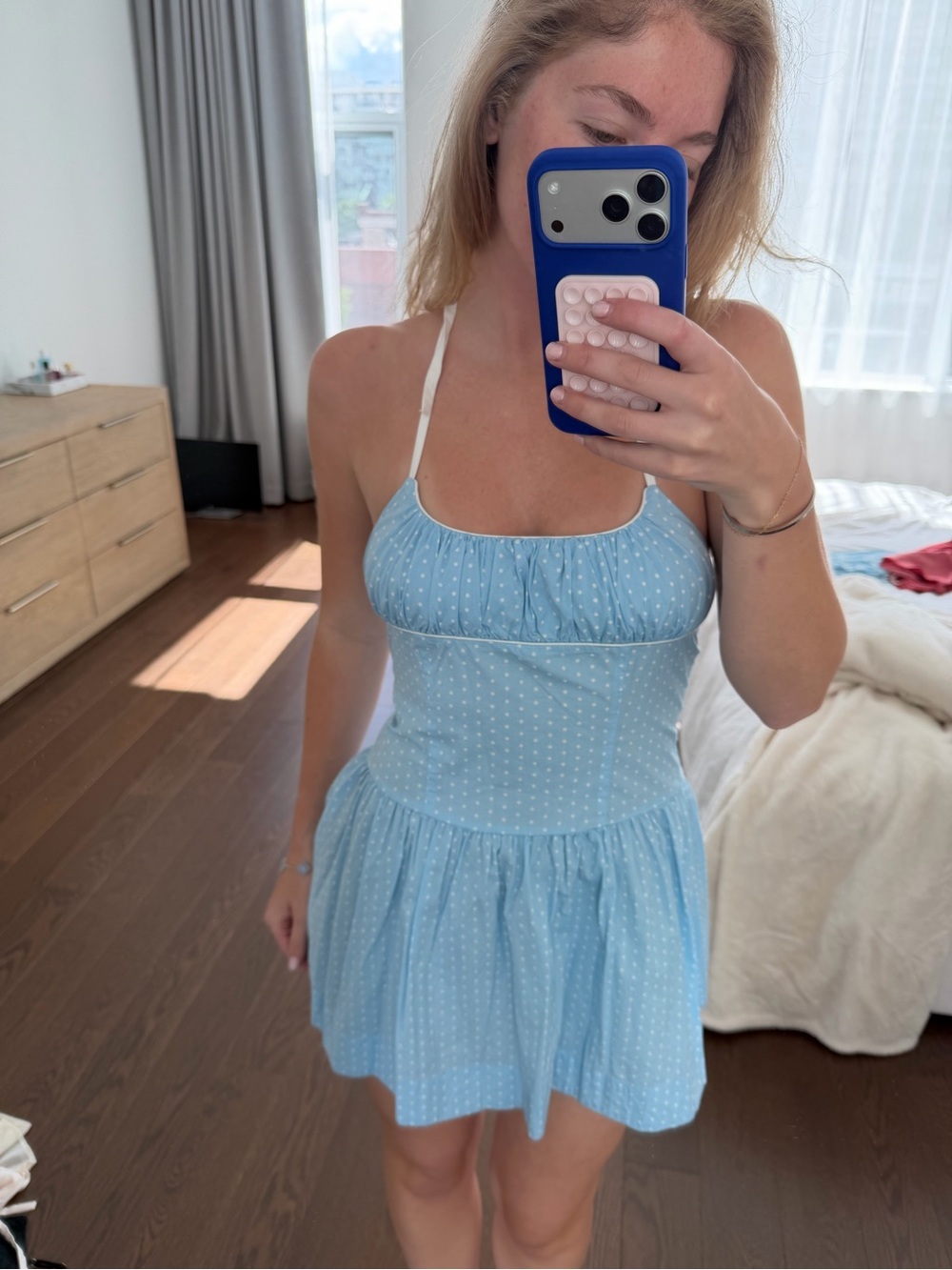 Frankie's Bikinis Light Blue Polka Dot Mini Dress